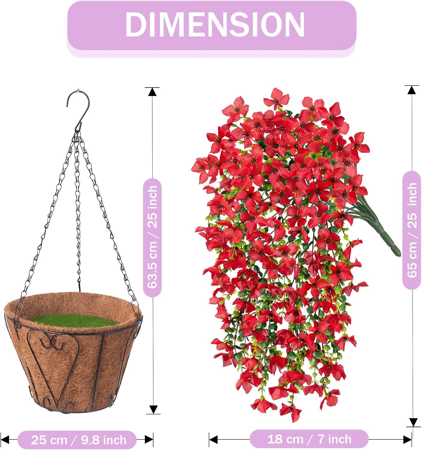 INXUGAO Artificial Hanging Flowers Plants with Basket for Outdoors, Realistic Faux Silk Daisy Flower Eucalyptus for Spring Decor, UV Resistant Fake Plants for Porch Patio Yard Balcony, Red