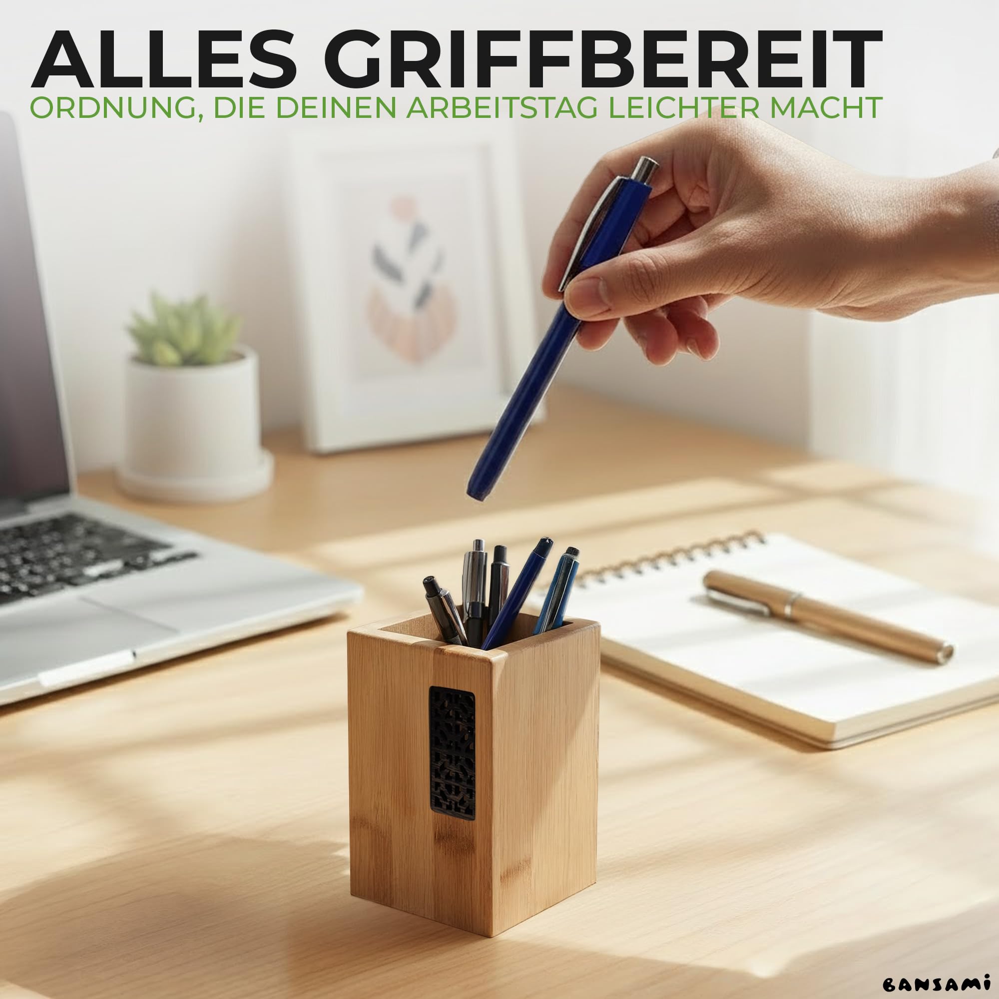 Lot de 3 pots à crayons en bambou - Pot à crayons et porte-pinceaux avec insert décoratif en bois - Organisateur pour bureau, maquillage et cosmétiques (lot de 3)