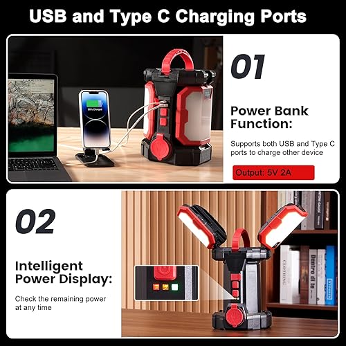 Miniatura 5 de Avhrit Luz de trabajo LED de 5000LM 60W, lámpara de trabajo recargable con batería de 5000mAh, linterna LED portátil 2 en 1 y banco de energía para