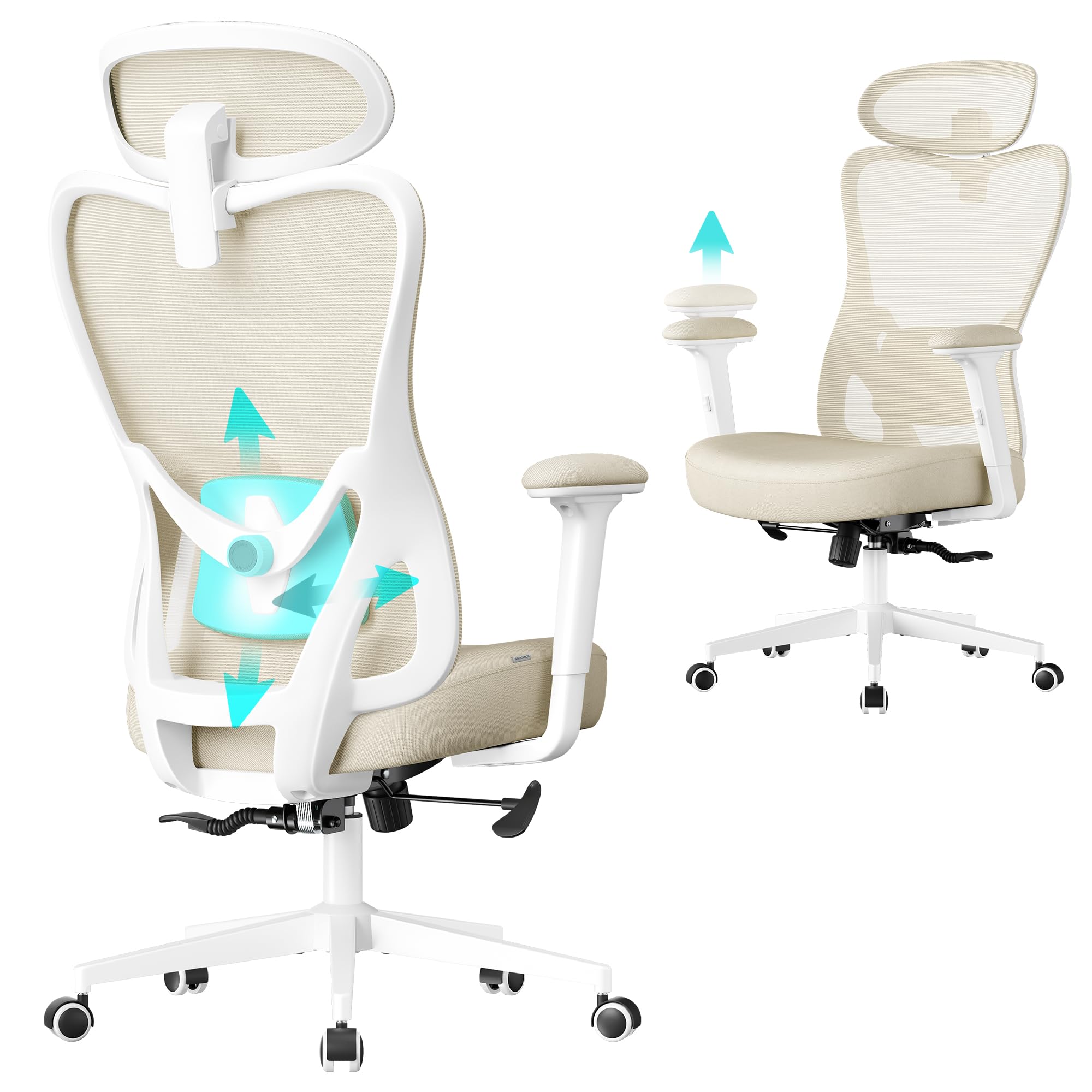 SONGMICS Silla de Oficina Ergonómica, Silla de Escritorio, con Reposacabezas y Soporte Lumbar Ajustables, Carga de 150 kg, Altura Ajustable, Beige Arena OBN066LF01