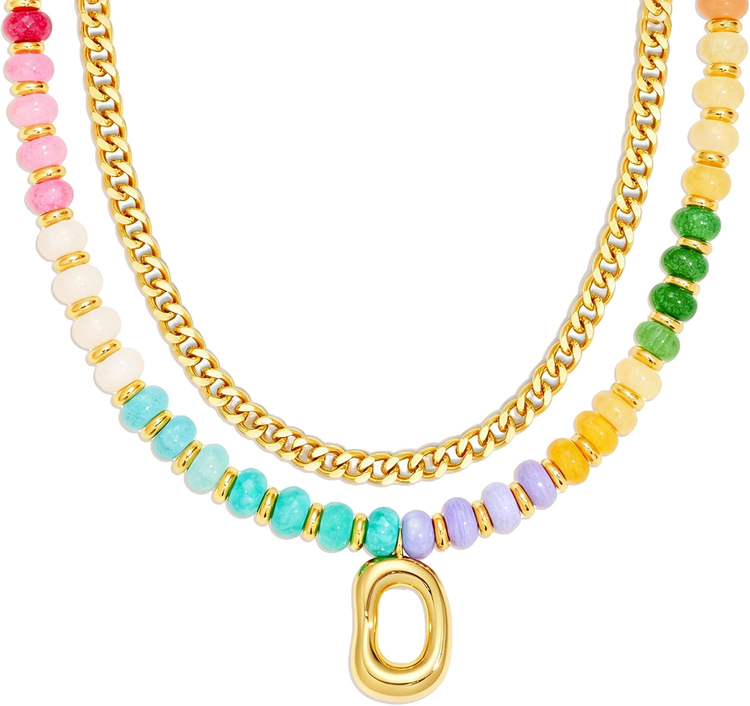 Colorful Beaded Layered Necklace for Women Rainbow Natural Stone Beads & Oval Pendant 14K Gold Plated Adjustable Cuban Chain Statement Jewelry