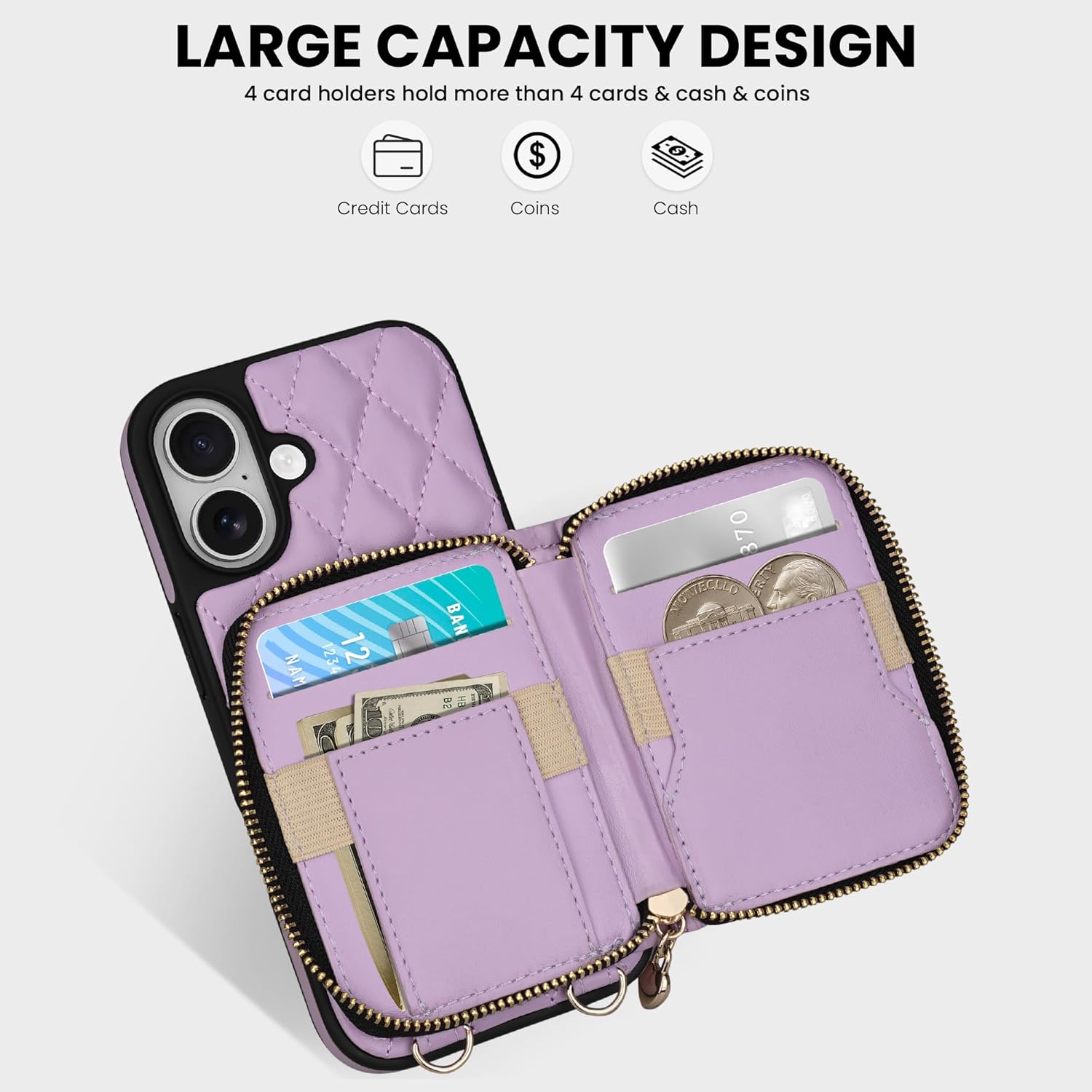 Keallce Case for iPhone 17 6.3'' Wallet Case, Crossbody Zipper Purse with Wrist Strap Lanyard Handbag, RFID Blocking Card Holders, Kickstand Flip Leather Cover for iPhone 17, Purple