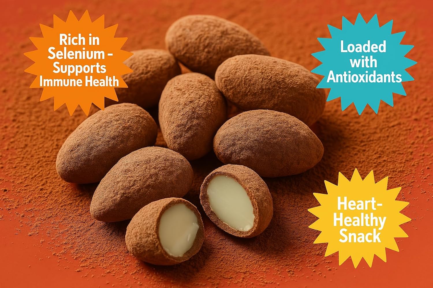 Brazil nuts coated in chocolate and dusted in cocoa – 1 pound – hand made fresh to order!