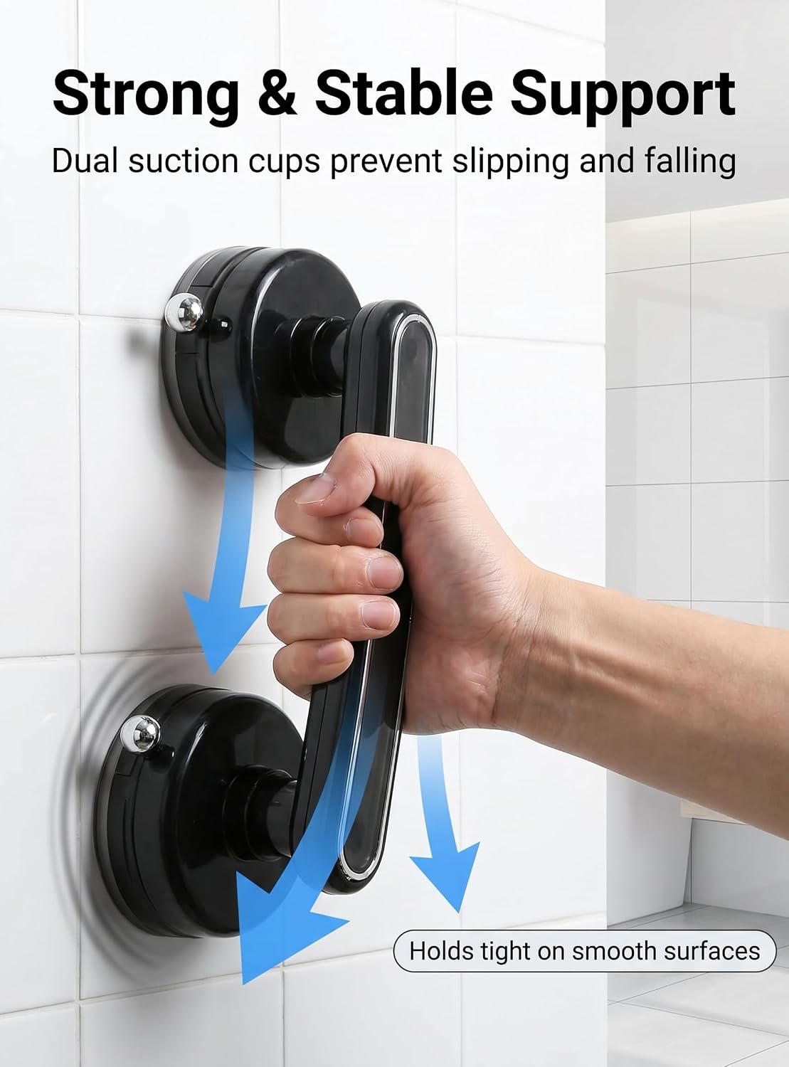 Suction Cup Handle for Shower Door, Strong Suction Pull Handle No Drilling for Glass Door, Fridge, Cabinet, Removable Reusable, Transparent Black ABS, 1 Pack