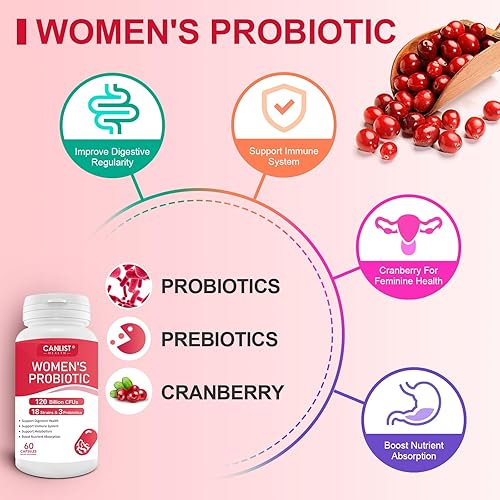 Miniatura 4 de Probióticos para mujeres120 mil millones de UFC, 18 cepas, 3 prebióticos y enzimas digestivas que contienen prebióticos orgánicos, arándanos, salud