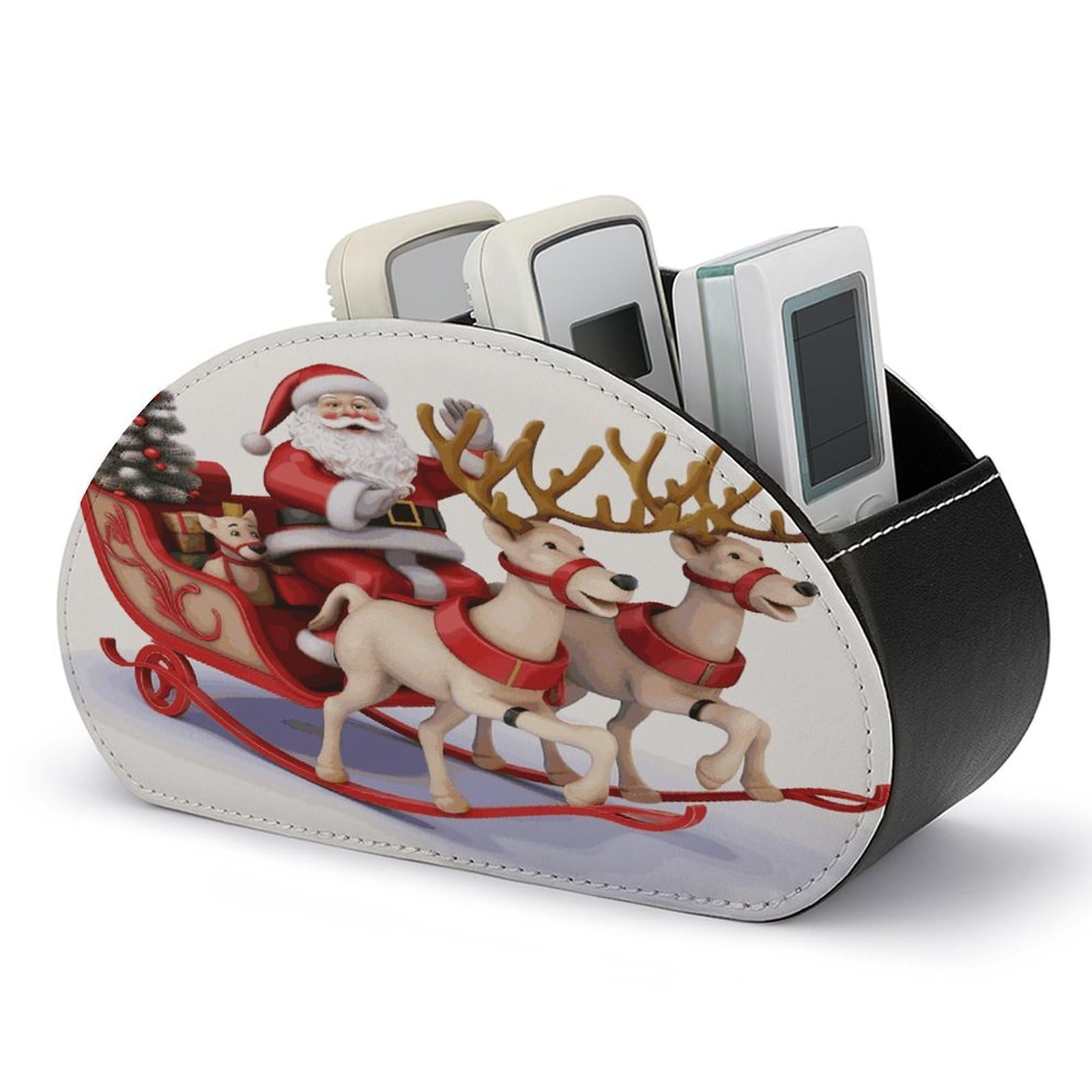 FekiLoot Santa Claus Reindeer Sled TV Remote Control Holder with 5 Compartments Multi-functional Leather Bedside Table Remote Caddy Desktop Storage Box for Store Pen Controller Media Player Cosmetic