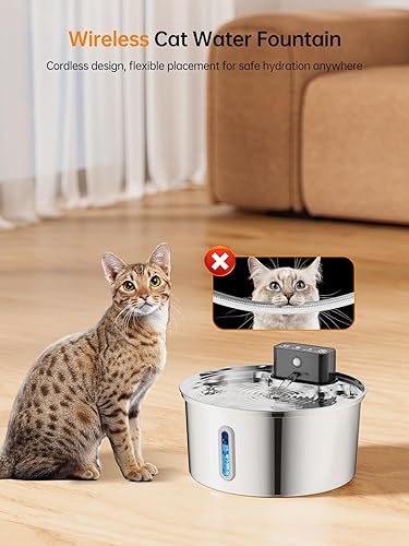 Miniatura 2 de Fuente de agua inalámbrica para gatos, fuente inalámbrica de acero inoxidable para gatos, fuente automática de agua para mascotas de 108 onzas3.2 L,