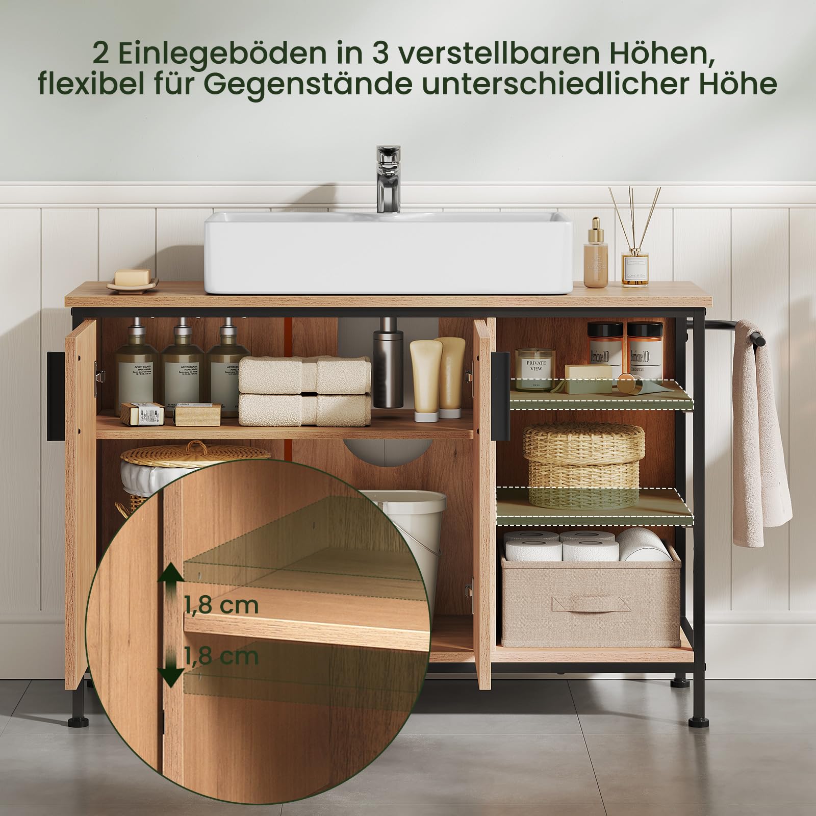 EUGAD Waschbeckenunterschrank, Badezimmerschrank mit Schubladen 3 offenen Fächern, Unterschrank mit verstellbaren Ablagen, freistehender Waschtischunterschrank, 90x60x30 cm (2 Türen)