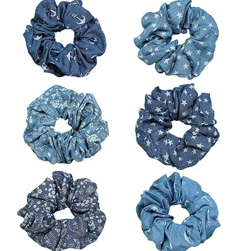6 Pcs Denim Hair Scrunchies Accessories - Cloth Blue Hair Ties Scrunchy for Woman Girls - Elastic Hair Bands Ropes Ponytail Holders