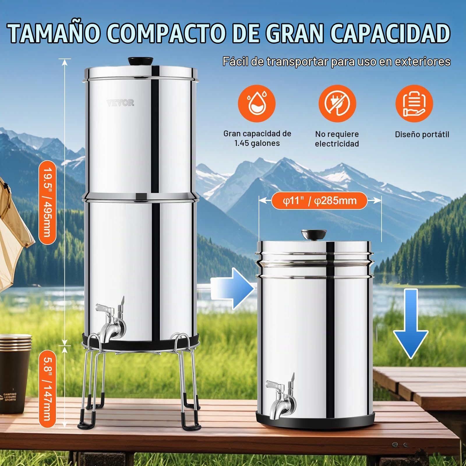VEVOR Sistema de Filtración de Agua por Gravedad 8,5 L Acero Inoxidable 304 Filtro de Agua por Gravedad Reducción de Plomo y hasta 99% de Cloro con 2 Filtros de Agua, Grifo y Soporte para Hogar