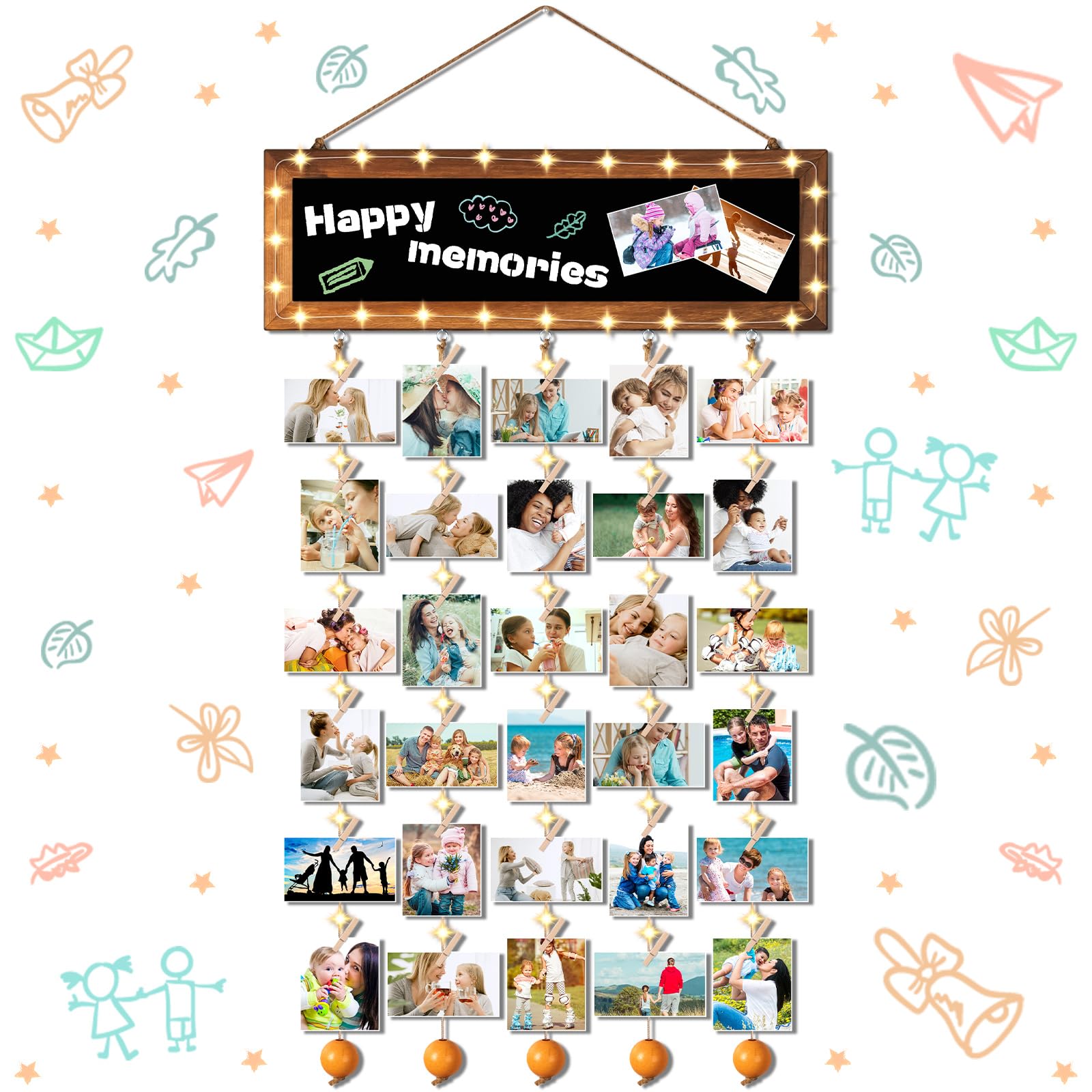 Photo 1 of Hanging Picture Display Board with 8 Mode Light, Hanging Picture Frames with 30 Clip String Picture Holder Blackboard Collage Photo Display Wood Photo Board Rustic for Wall Decor Room