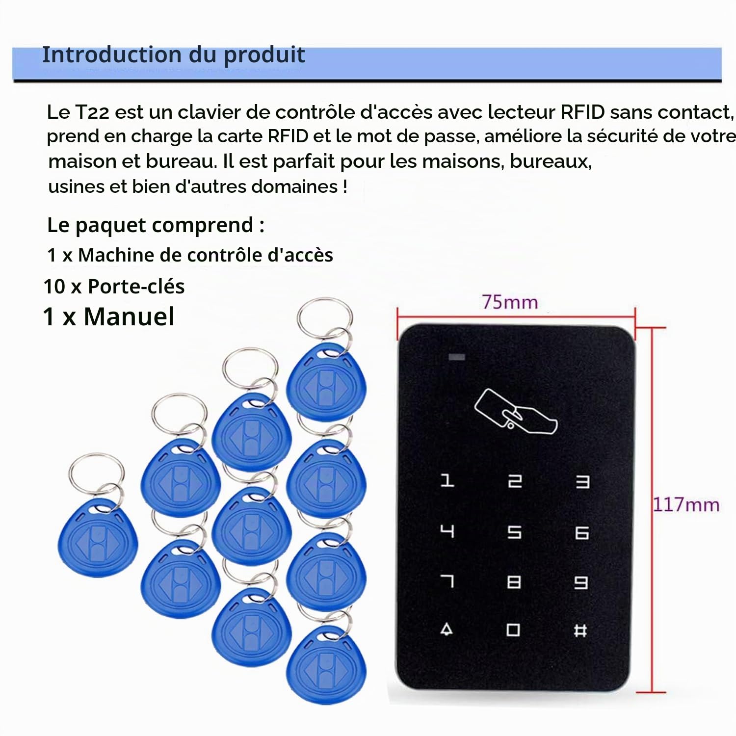 YAVIS Full Kit de Clavier de Contrôle D'accès 125KHz EM ID RFID Lecteur de Proximité, 280kg/600lbs éTanche Serrure Magnétique éLectrique, Alimentation 110-240V 3A, Sonnette de Porte, Boutons, 10 Clés