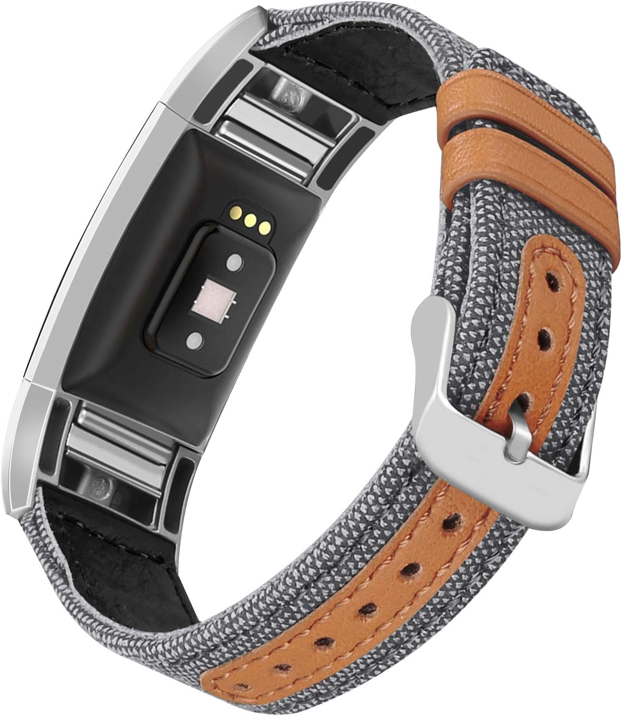 Jobese Compatible with Fitbit Charge 2 Bands, Classic Canvas Fabric with Genuine Leather Replacement Wristbands Compatible with Fitbit Charge 2 Bands for Men Women, Gray