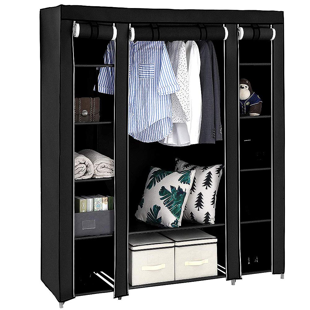 LANTUS Schrank Textilschrank mit Einlegeböden, Kleiderstange, Schlafzimmerschrank zuhause & unterwegs, Faltbarer Kleider-Organizer,175 x 150 x 45 cm (Schwarz – mittig hängend)