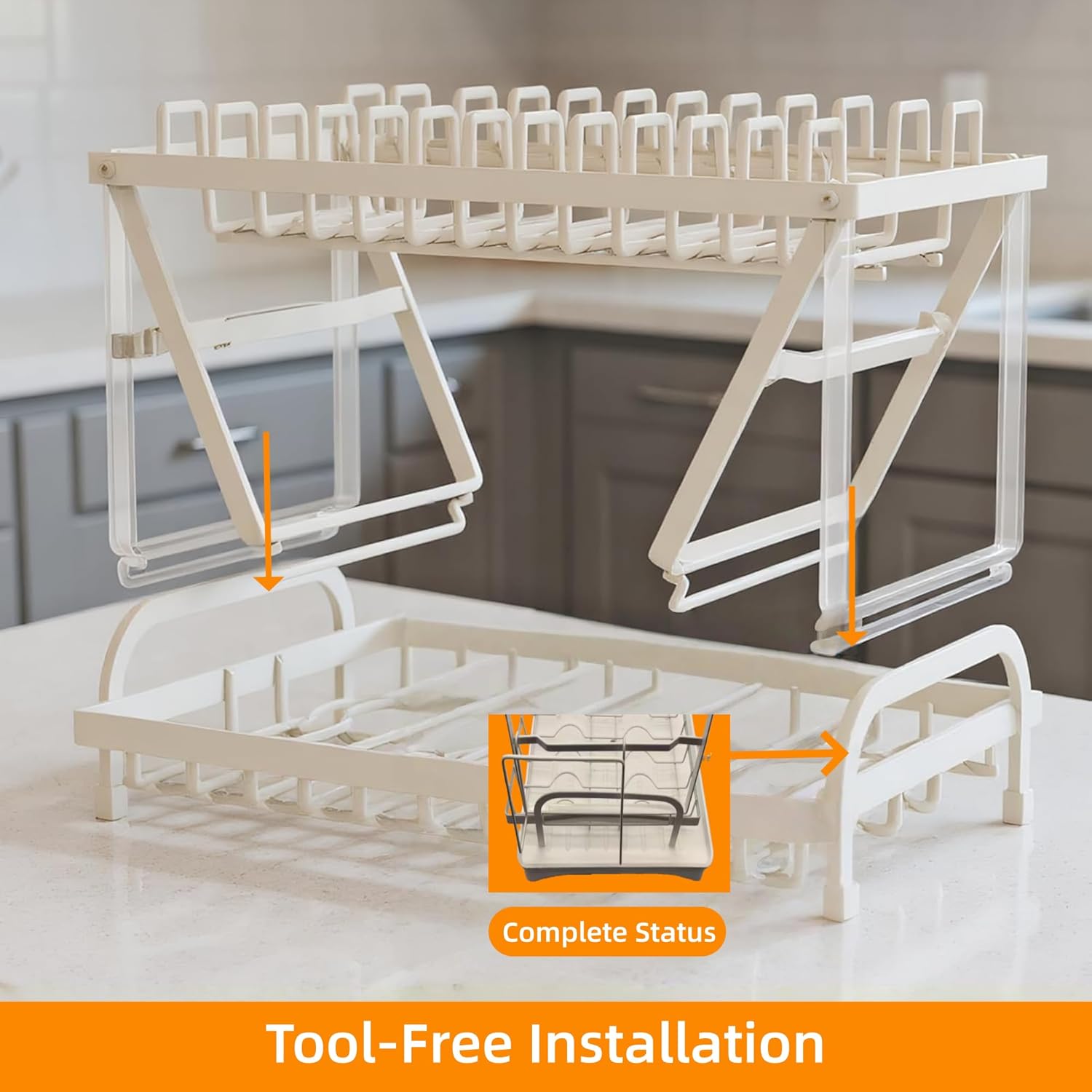 2 Tier Dish Drainers Drying Rack for Kitchen Counter Dishes Drain with Drainboard, Space Saving, Countertop Dryer Strainer Holder and Extra Tray, White