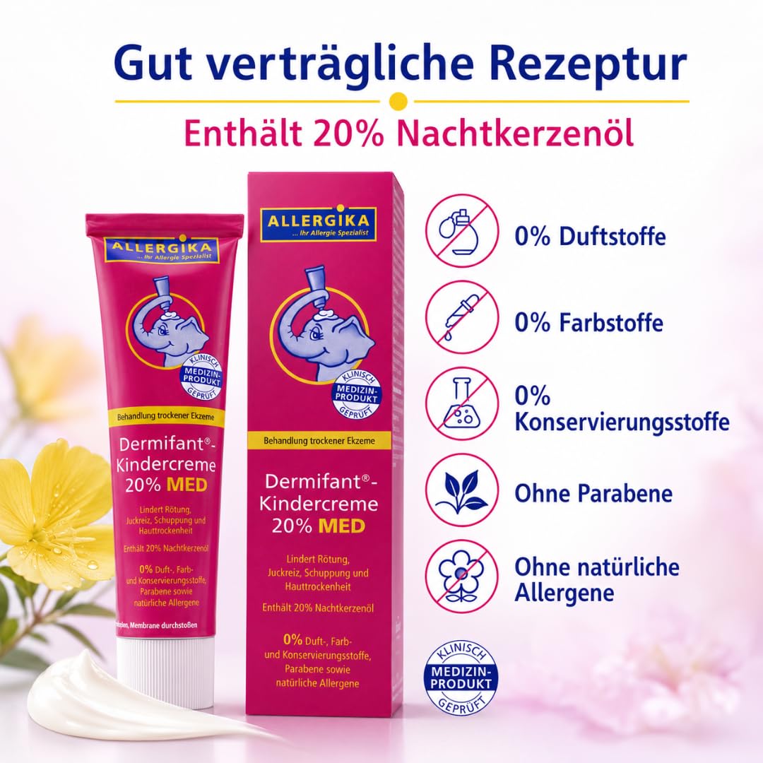 Kindercreme 20% MED 100 ml I mit Pharma Perle Duschgel (3x) | Kortisonfreie Ekzempflege mit 20 % Nachtkerzenöl bei Schuppung, Juckreiz und Hauttrockenheit für Babys und Kinder
