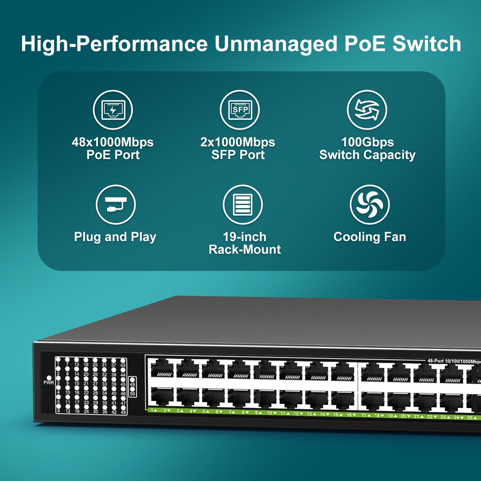 48-Port Gigabit PoE Switch Unmanaged with 2X 1000Mbps Uplink SFP Port, VIMIN 50-Port PoE Ethernet Switch Support IEEE802.3af/at, 400W Power, 100Gbps Switch Capacity?Plug and Play, Rack-Mount