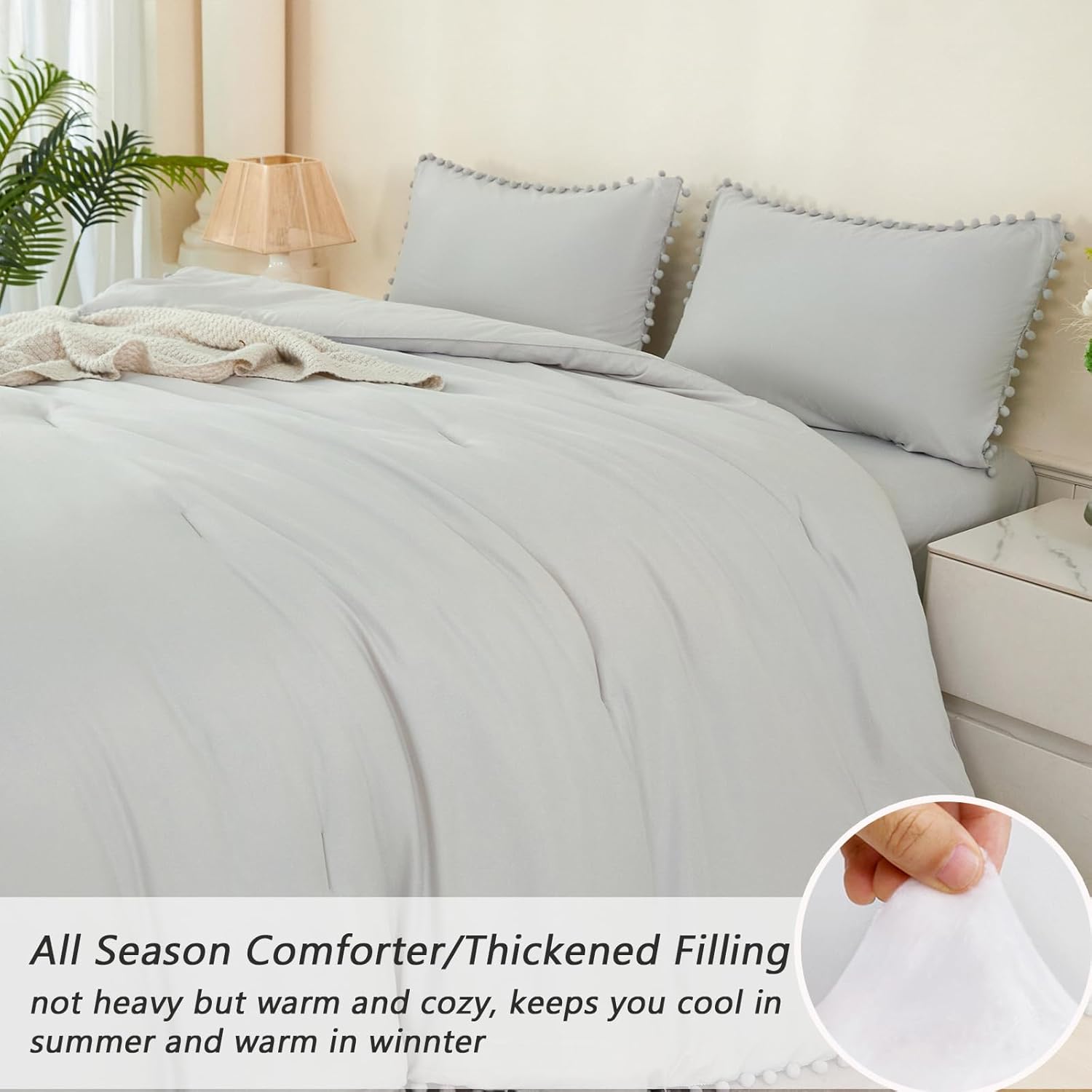 PERFEMET Light Grey Comforter Twin Size 5-Piece Bed in a Bag Set Pom Pom Bedding with Sheets for Girls Boys Soft Fluffy Down Alternative Boho Solid Comforter Set(Light Grey, Twin)