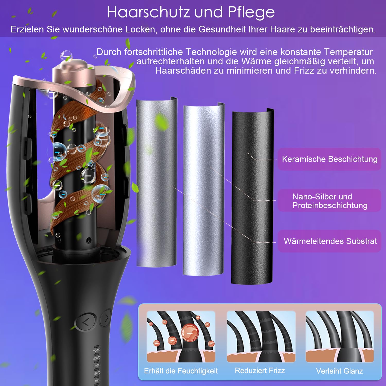 Lockenstab Automatisch,Lockenstab Große Locken mit mit 4 Temperatureinstellungen und 3 Heizzeitoptionen, Schnell Erhitzender Langanhaltende Frisur (Schwarz)