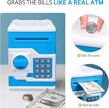 ATM Piggy Bank for Boys Girls, Vcertcpl Mini ATM Coin Bank Money Saving Box with Password, Kids Safe Money Jar for Adults with Auto Grab Bill Slot, Great Gift Toy Bank for Kids