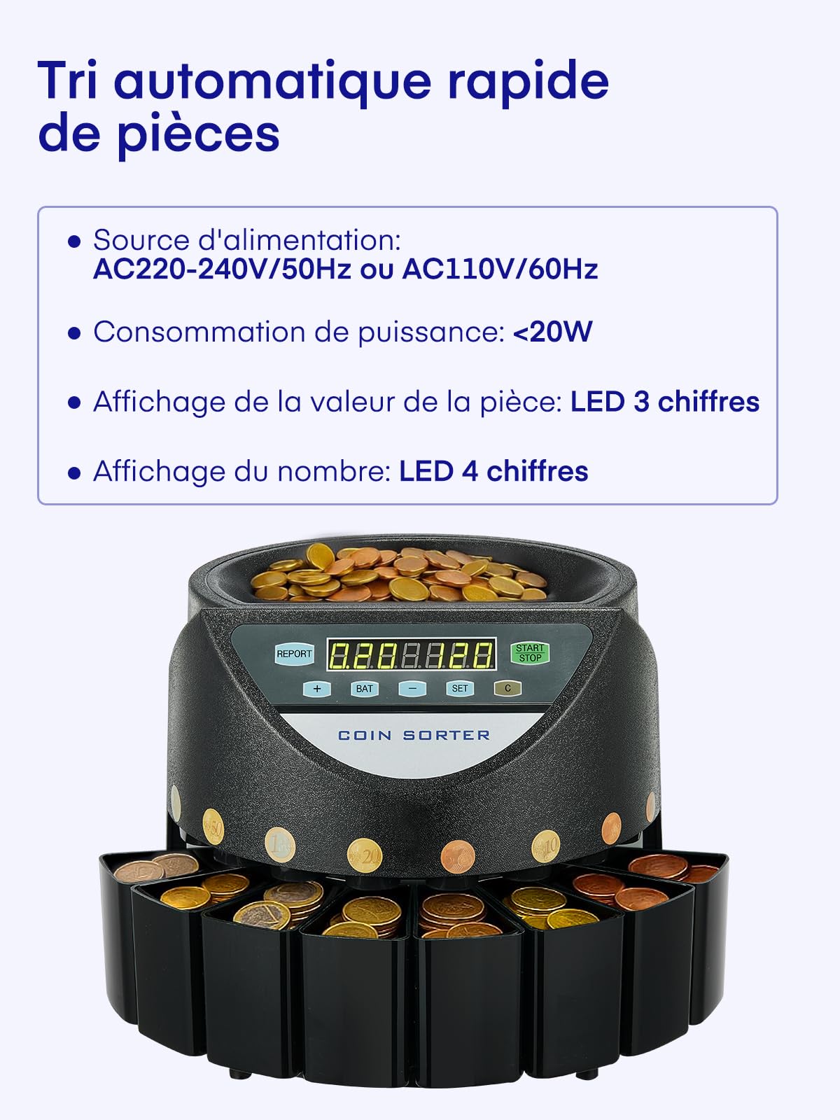 Compteuse de Pièces Euro, Trieuse Monnaie 800 Pièces, Machine à Compter avec 8 Bacs, Noir