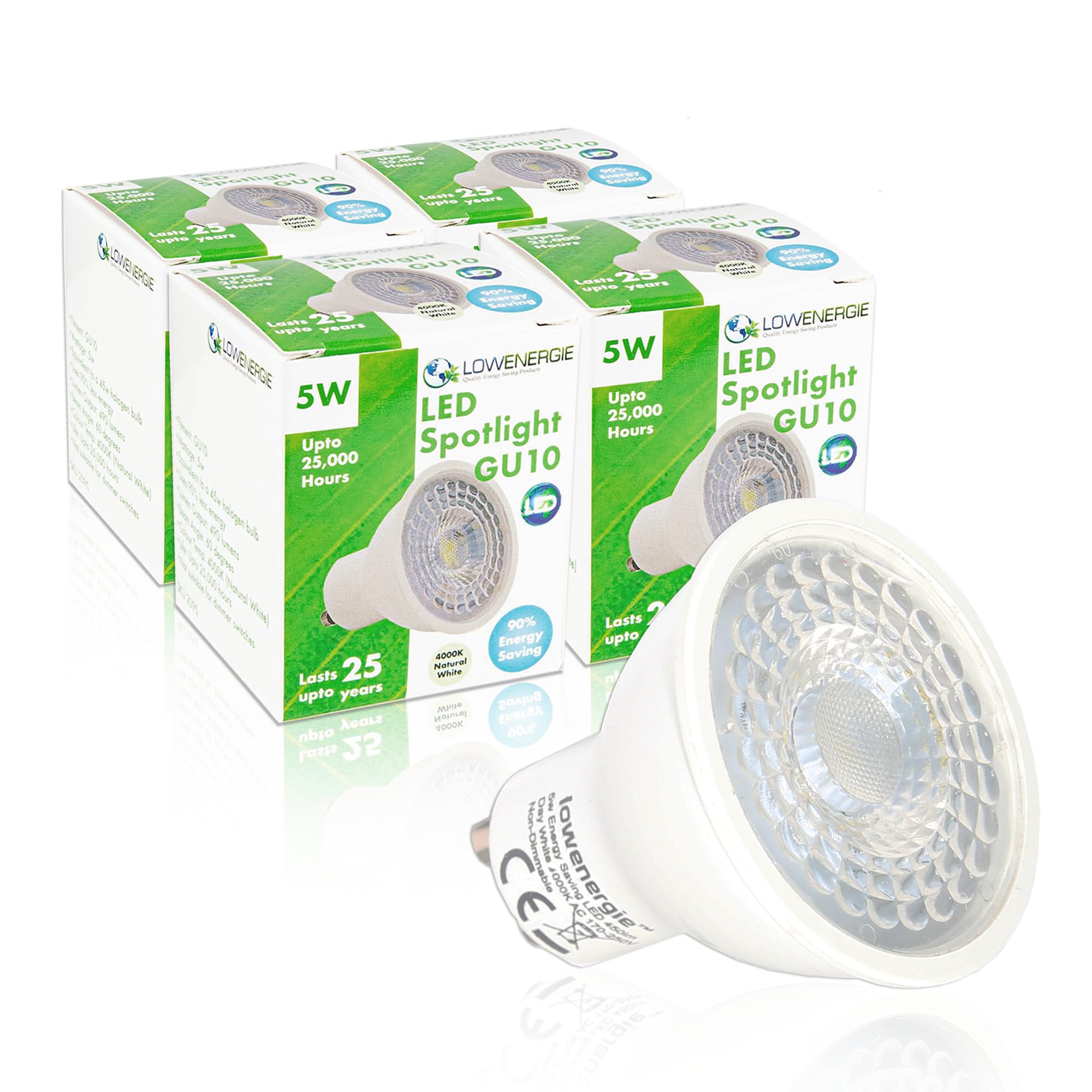LOWENERGIE 5W GU10 LED Spotlight Bulbs – 4 Pack Natural White 4000K Downlights [Energy Class F]