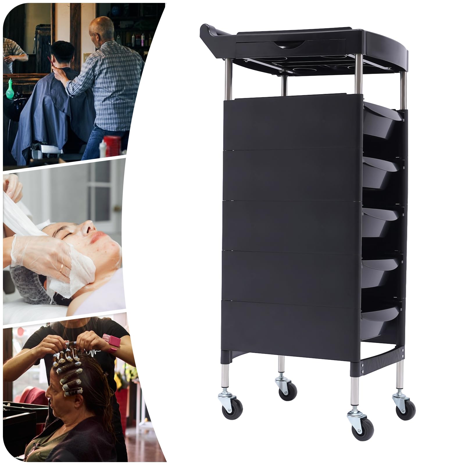 Carro de peluquería con 5 cajones y cuatro ruedas giratorias de 360 °, 90 x 18 x 38 cm, para salón de belleza, peluquería, hospital, etc. Negro