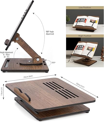 Miniatura 5 de Book Stand for Reading 360° Adjustable, Wooden Laptop Stand, Cookbooks Holder, Music Scores, Featuring Multi-Height Angles and Foldable Design with