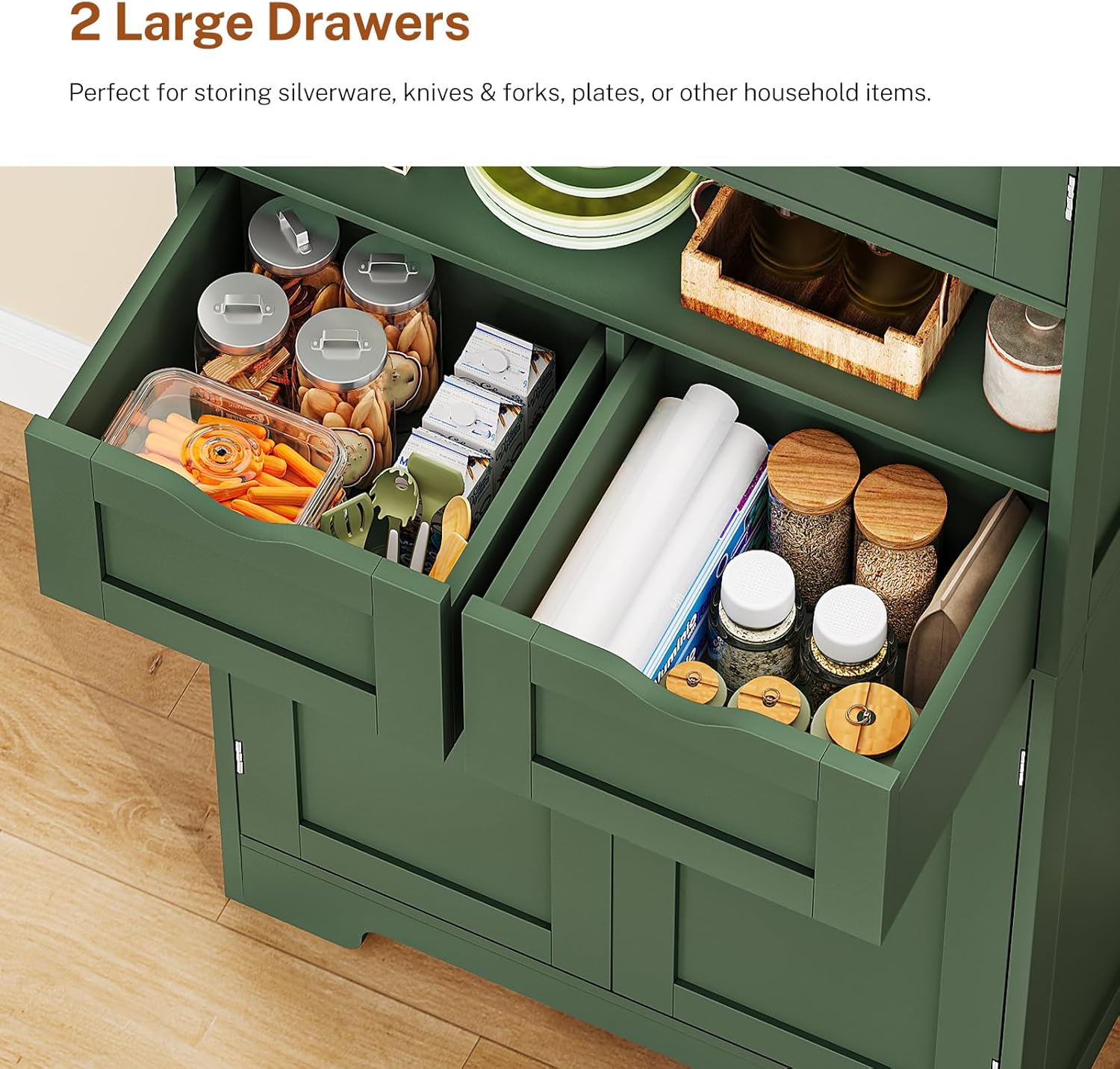 TEENFON Kitchen Pantry Cabinet with Adjustable Shelf, Tall Storage Cabinet with 2 Drawers & 4 Door Shelves, Food Pantry Cabinets, for Kitchen, Dining Room, Living Room, Green
