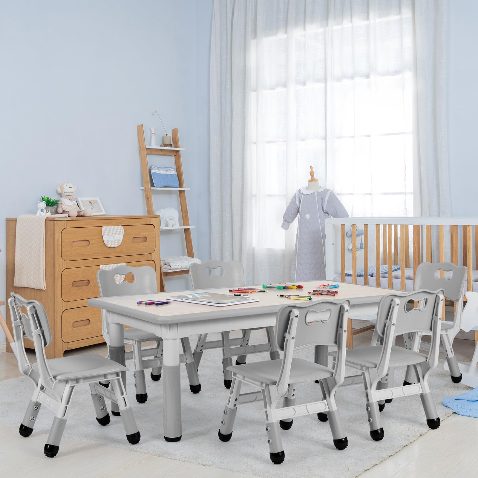 Clevich Kindertisch mit 6 Stühlen,Kinder Tisch Stuhl Set für Kindergarten und Kinderzimmer,Kindertischgruppe Höhenverstellbar,Plastik Kindermöbel,Sitzgruppe für Jungen Mädchen,Grau