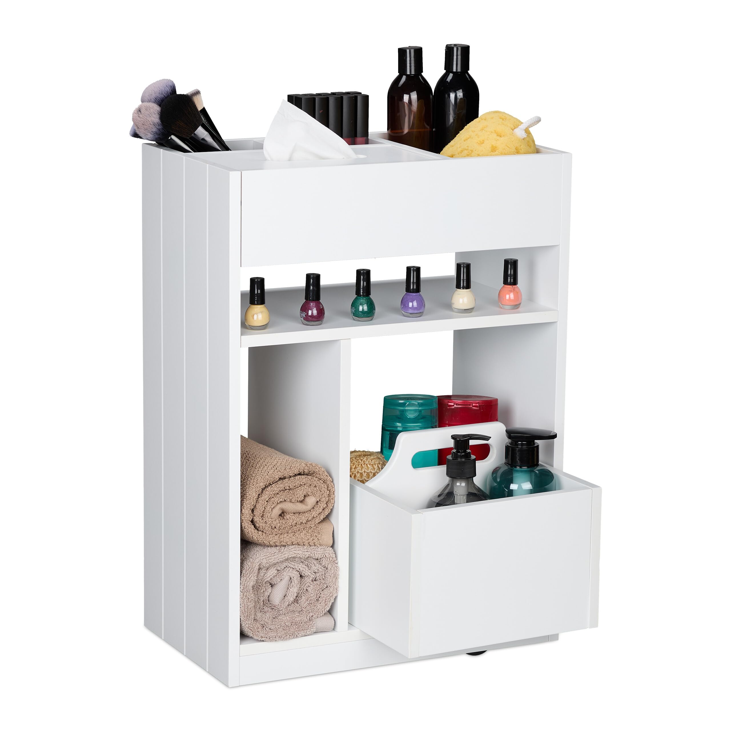 Relaxdays Niche Trolley, Narrow Storage Shelf, Kitchen & Bath, Mobile Cart, Wheeled Bookcase, 55x38,5x23 cm, White, Plastic, Fibreboard