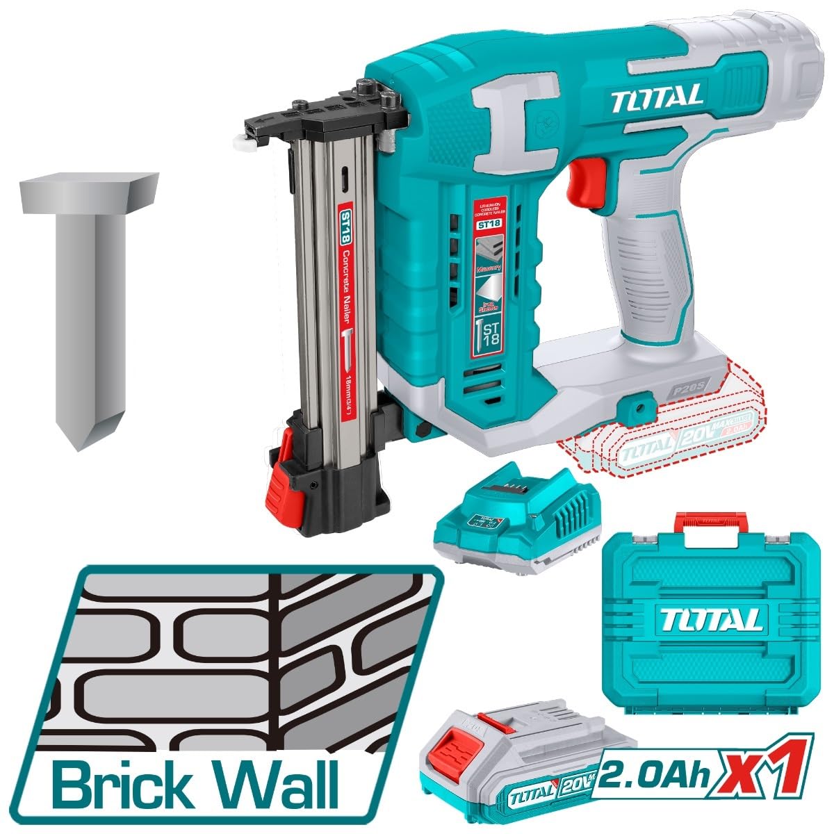TOTAL TCSTLI3808 Cordless Concrete Nailer with battery, charger, case, and 18mm concrete nails.