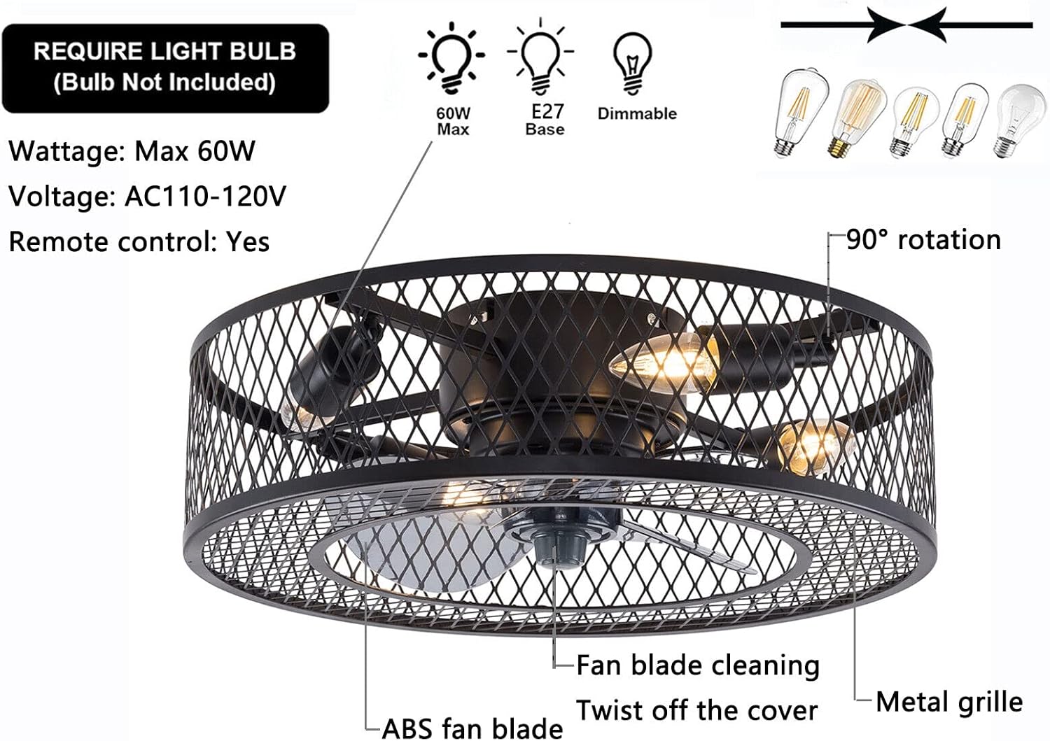 Enclosed Ceiling Fan, 18" 60W Modern Caged Ceiling Fan Adjustable 3-Speed Remote with LED Light for Bedroom Living Room Indoor