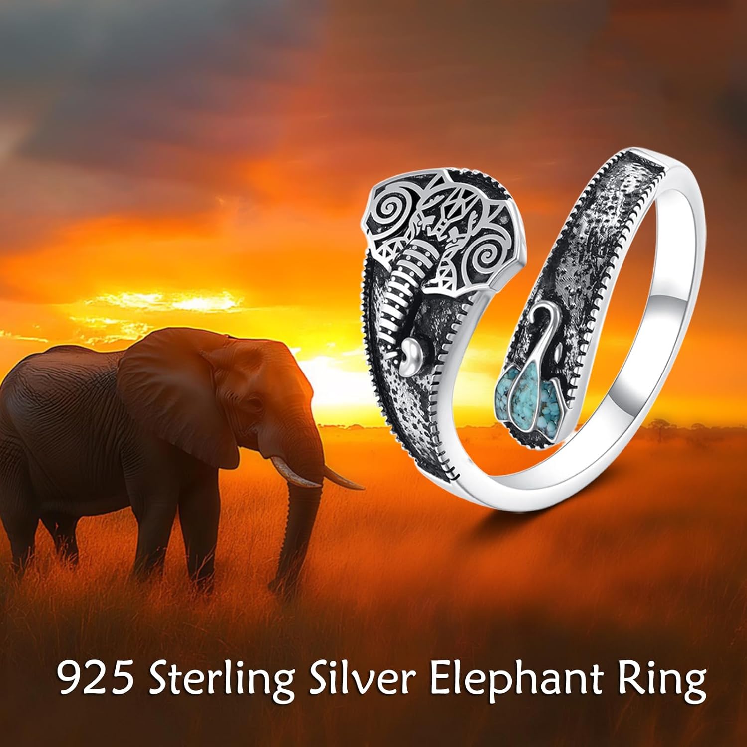 MONGAS Elephant Spoon Ring Sterling Silver Created Turquoise Animal Spoon Ring Elephant Jewelry Gifts for Women 7/8 - Image 6