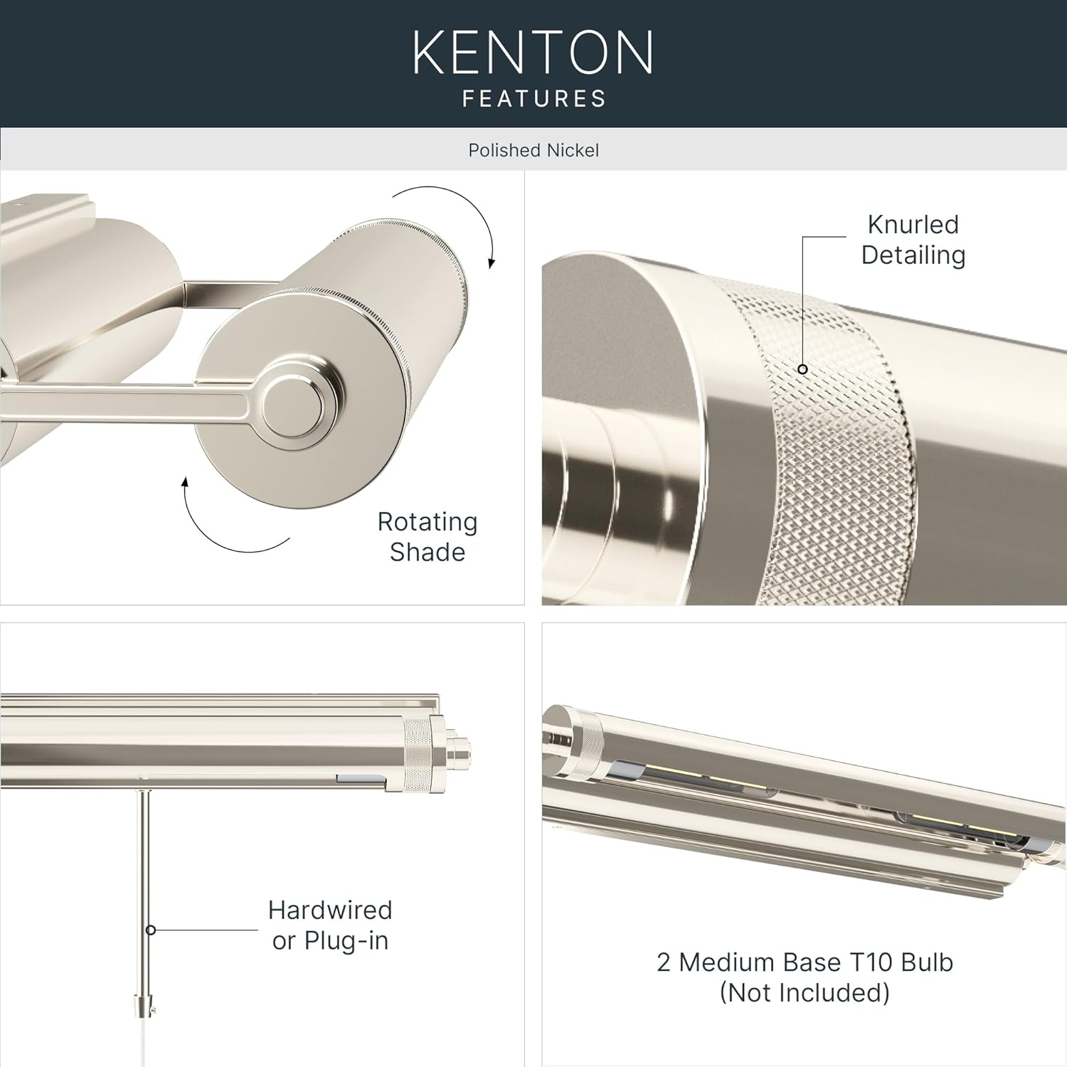 Kichler Kenton 24 Inch 2 Light Luxe Industrial Picture Light, in Polished Nickel with Adjustable Shade, Wall Mount Horizontally, (24" W x 2.75" H), 52815PN