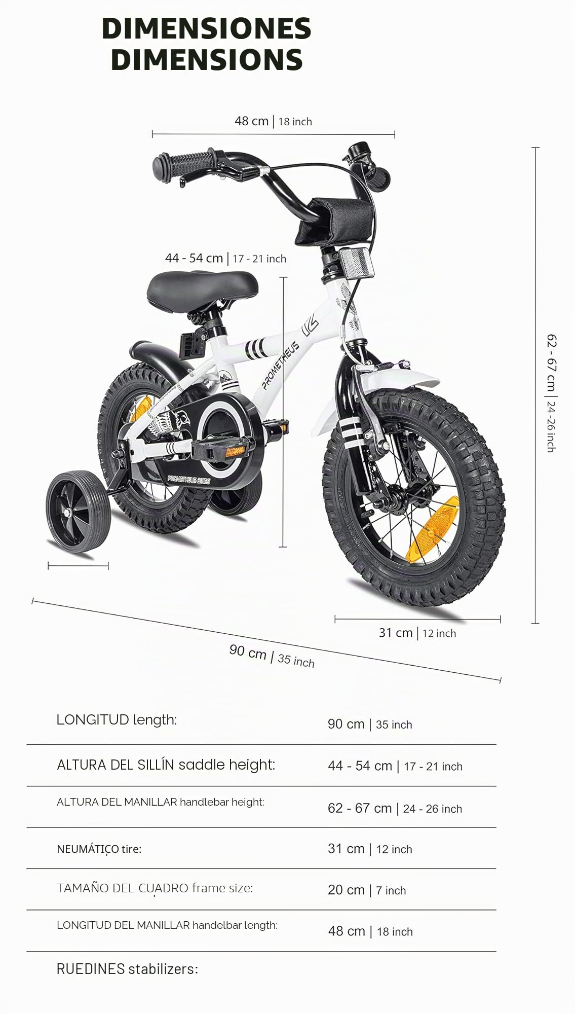 PROMETHEUS BICYCLES Bicicleta niño 3 años Bicicletas niña 12 Pulgadas Bici niños - Infantil con Pedales 3-4 años ruedines y Freno contrapedal Blanco