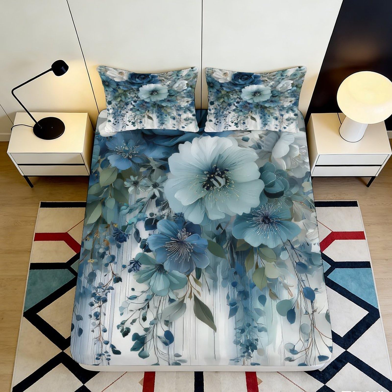 3D Printed Blue Floral Fitted Sheet Microfiber Soft Breathable Watercolor Botanical Bed Cover for Bedroom Guest Room Mattress Protection 140x200x25cm