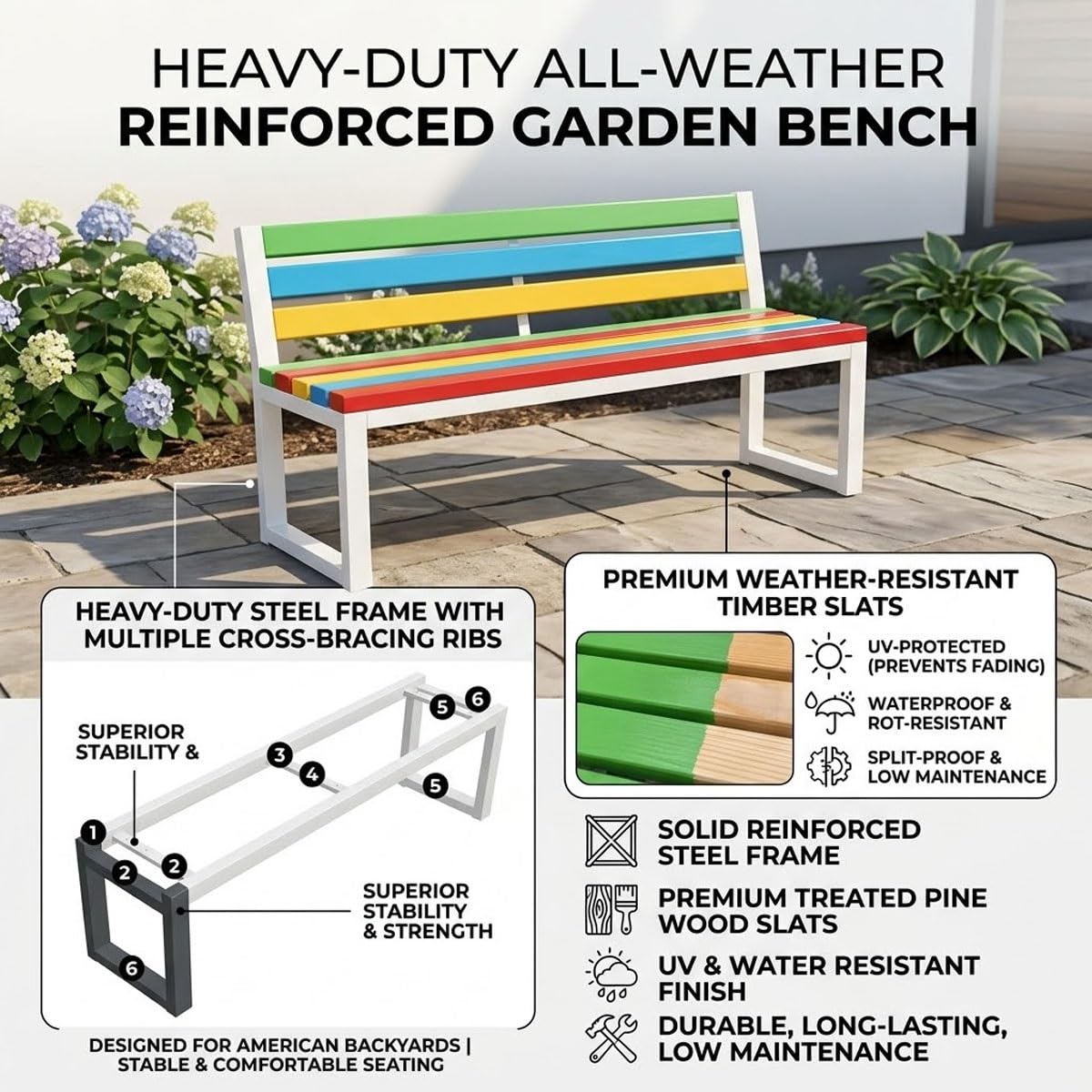 Banco de jardín resistente a la intemperie de 80 a 180 cm, marco de metal, asiento de listones para patio, porche, césped, balcón, muebles elegantes en rojo y blanco