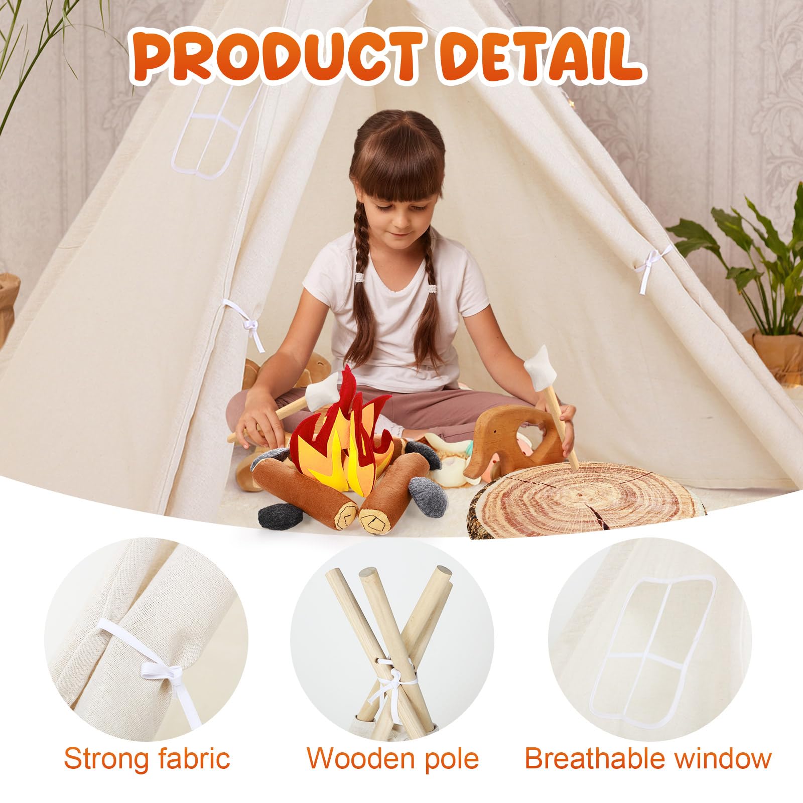 Kigley 27 Pcs Pretend Camping Play Set Includes Kid Teepee Beige Indoor Play Tent Felt Campfire Toys Wooden Print Throw Pillow Floor Cushion Fluffy Carpets for Boy Girl Adult Dramatic Play Decoration - Image 5