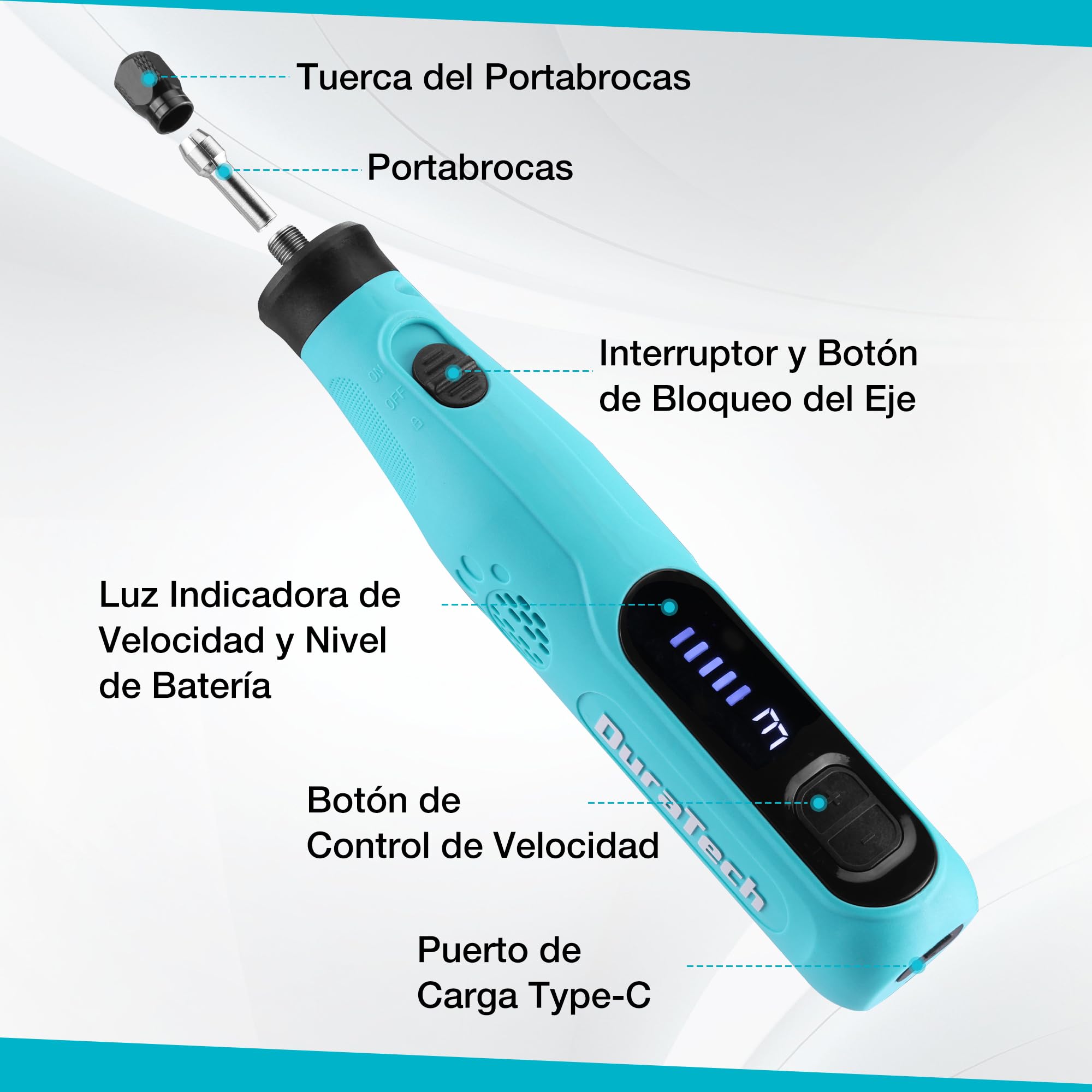 DURATECH Amoladora Inalámbrica de 3,6V, Multiherramienta Recargable de 25000RPM, Herramienta Rotativa con 135 Accesorios, 6 Velocidades Variables, para Cortar, Tallar, Grabar, Perforar