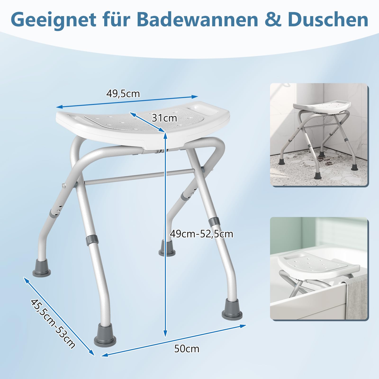COSTWAY Duschhocker klappbar, Duschstuhl 49-52,5 cm höhenverstellbar, Duschbank Bad bis 150 kg belastbar, Badhocker mit rutschfesten Gummifüßen, Duschhilfe Duschsitz für Senioren (Weiß)