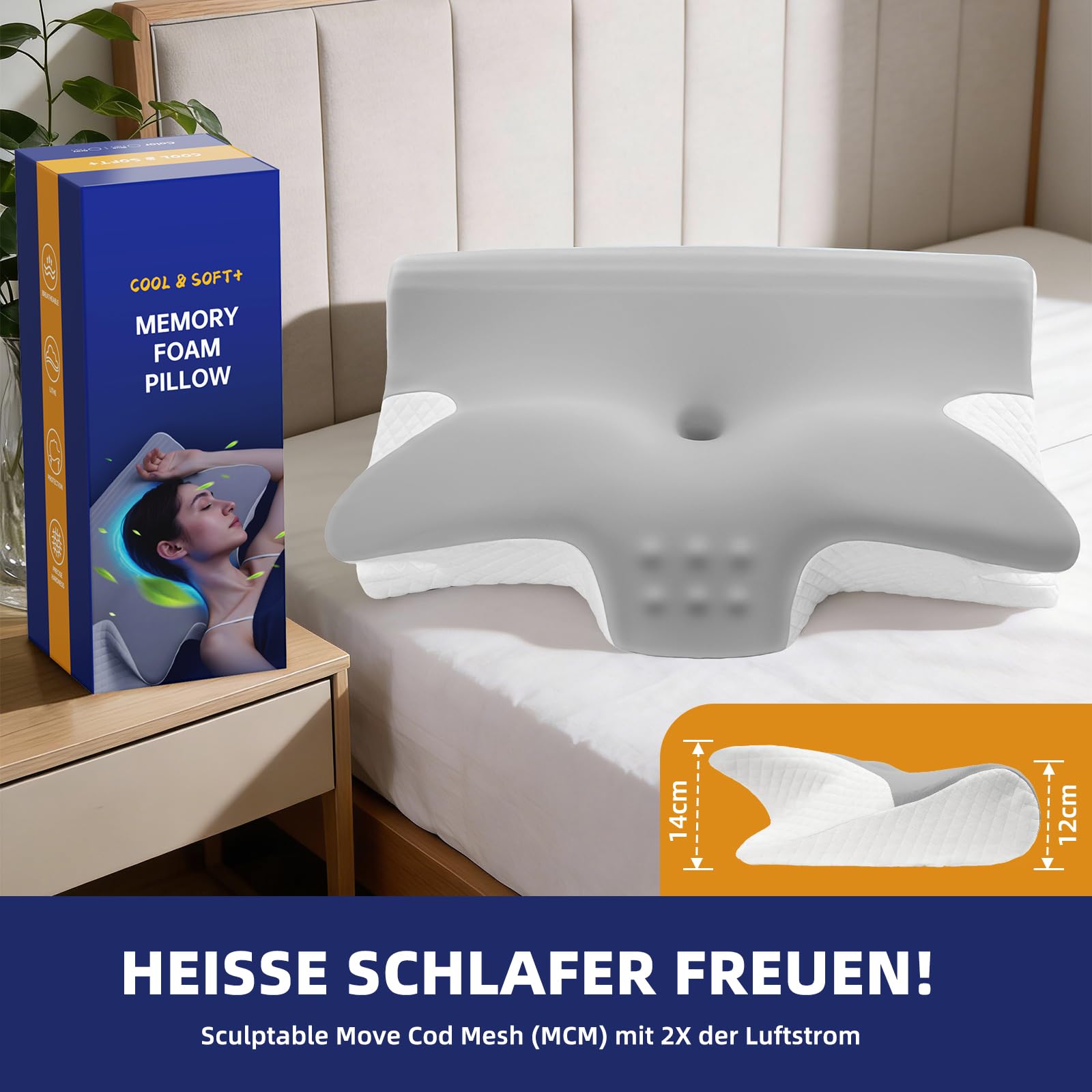 Nackenkissen Kopfkissen, Ergonomisches Nackenstützkissen, Orthopädisches Kissen Memory Foam, Seitenschläferkissen Nackenkissen für Seiten, Rücken & Bauchschläfer 60x43x14/12cm Grau