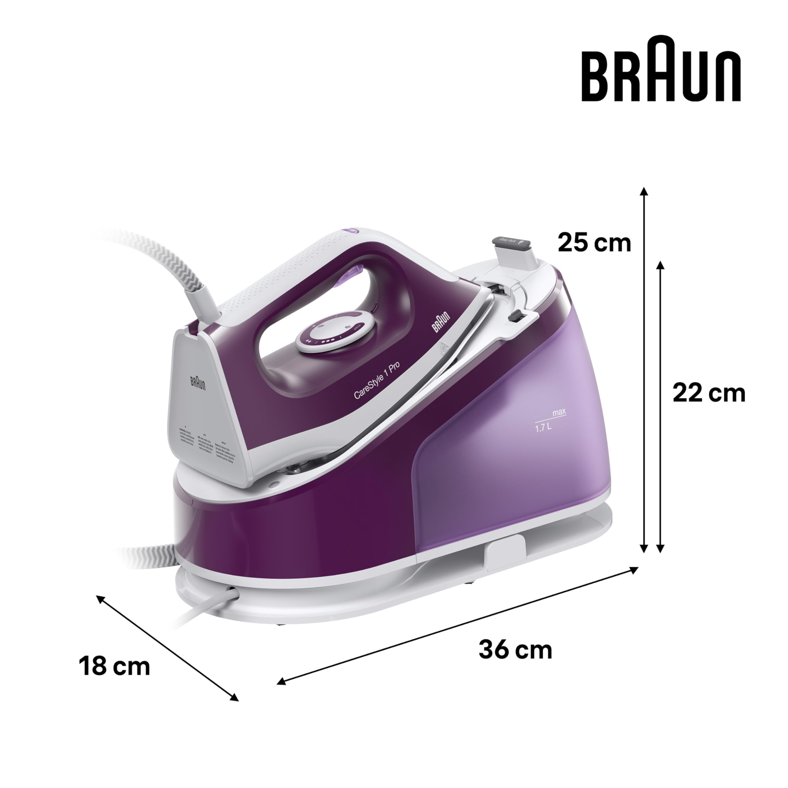 Braun CareStyle 1 Pro IS1514 VI Dampfbügelstation - Dampfbügeleisen mit FreeGlide 3D Technologie, Vertikaldampf, Anti-Tropf-Funktion, 1,7L Wassertank, 6 bar, 120 g/min, 2200W, Violett