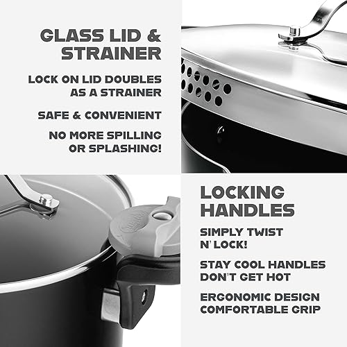 Vista 3 de GOTHAM STEEL 5 Qt Ceramic Stock Pot Multipurpose Pasta Pot with Strainer Lid & Twist and Lock Handles, Perfect for Soup, Spaghetti, Rice, Dishwasher