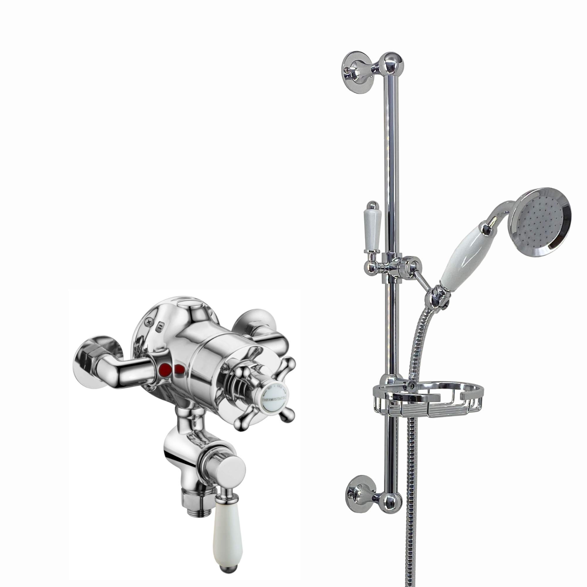 ENKI, Downton, SH0539, Exposed Traditional Thermostatic Shower Set Incl. Twin Shower Valve and Slider Rail Kit, Soap Basket, Chrome