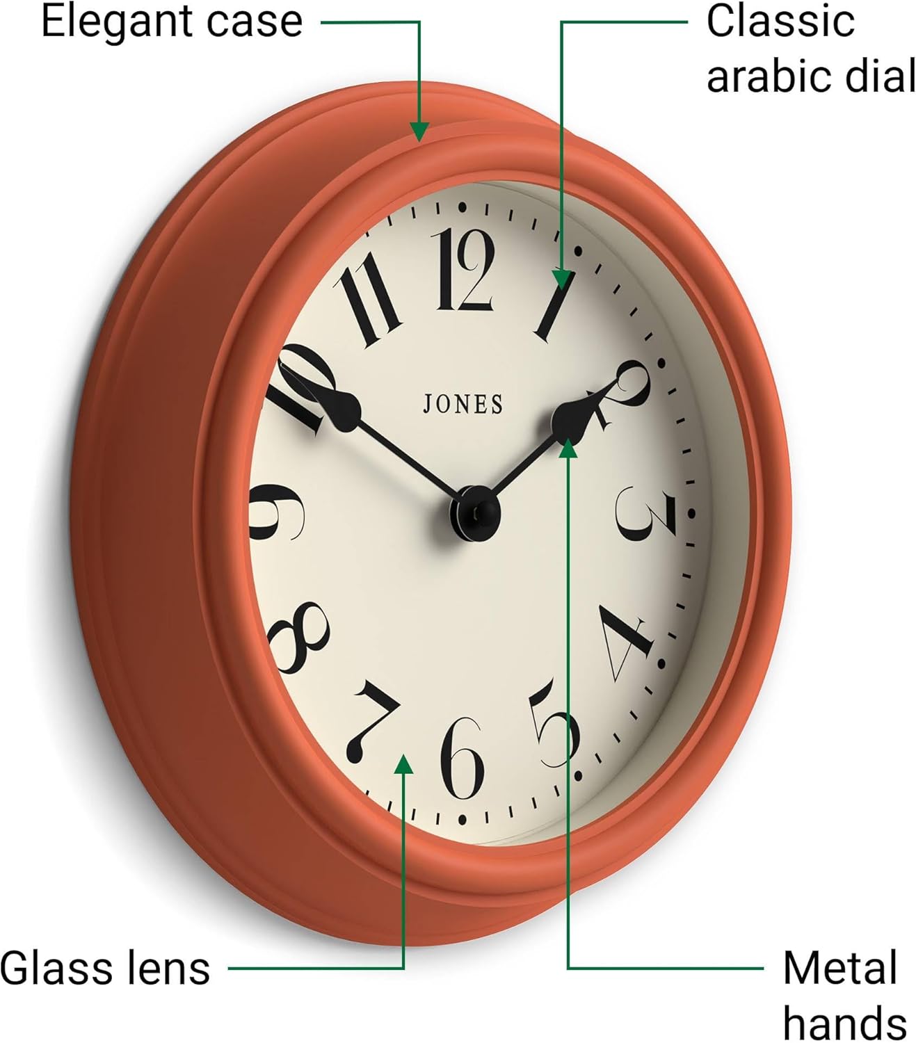 JONES CLOCKS® Frieze wall Clock | Small Elegant Classic Round Clock | 23cm | Terracotta Orange | Pretty Design Ideal for the Kitchen, Living Room, Bedroom, Large or Small Spaces