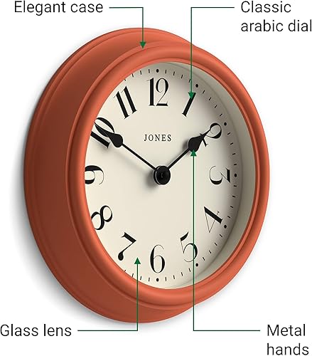 Miniatura 6 de JONES CLOCKS Frieze - Reloj de pared  Reloj redondo clásico pequeño y elegante  9 pulgadas  Naranja  Bonito diseño ideal para la cocina, sala de