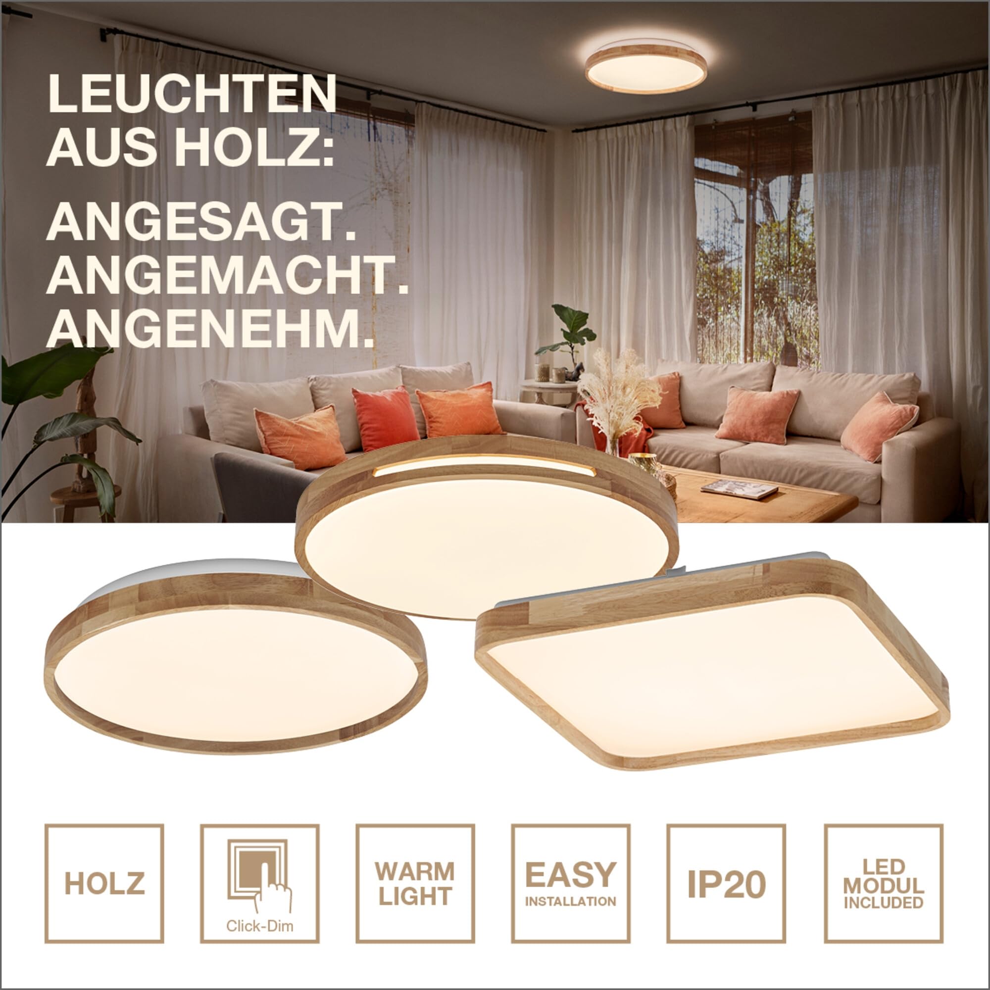 OSRAM ORBIS Woodburry LED wall/ceiling light with wood decor, 36 W, 1,500 lm, 3,000 K, 500-mm diameter, 830 friendly warm white, IP20 protection, mounting screws and dowels included