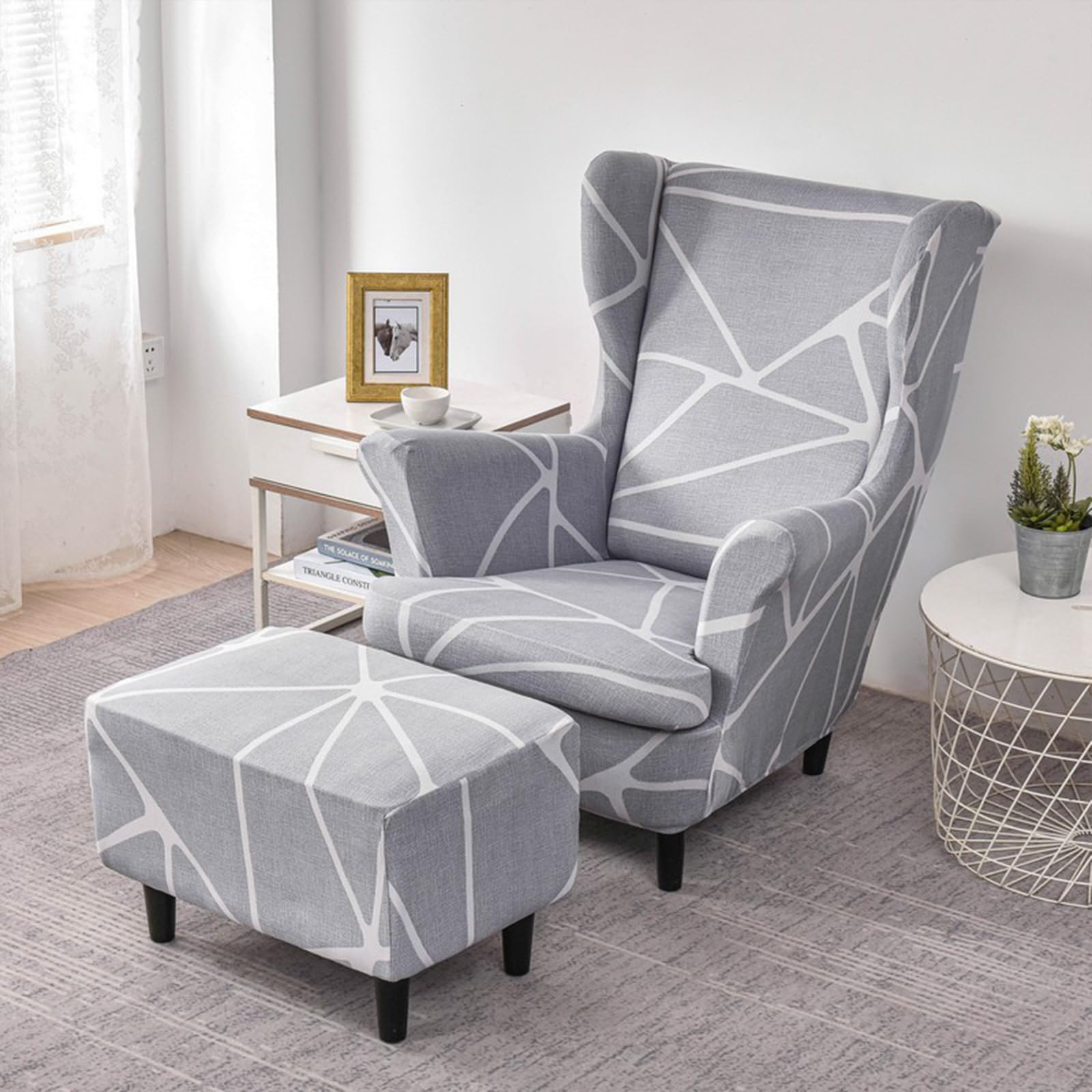 Funda elástica para silla wingback contra manchas y rozaduras con funda otomana a juego
