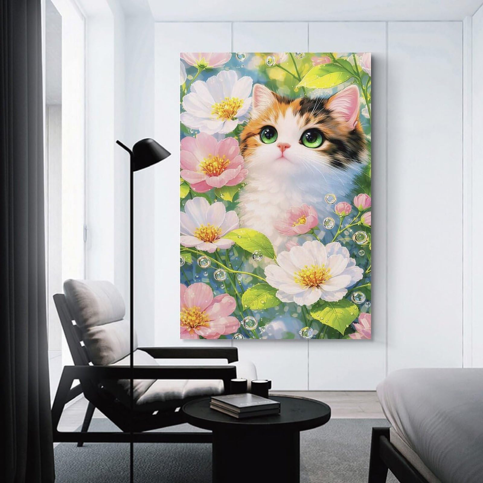 Junmoney Unframe-Style-8 Cute Cat Surrounded By Flowers Canvas Wall Decor, 24X36inch(60X90cm), For Flats, Guest Rooms Or Compact Rooms, Decorative Canvas Decor For Home Updates